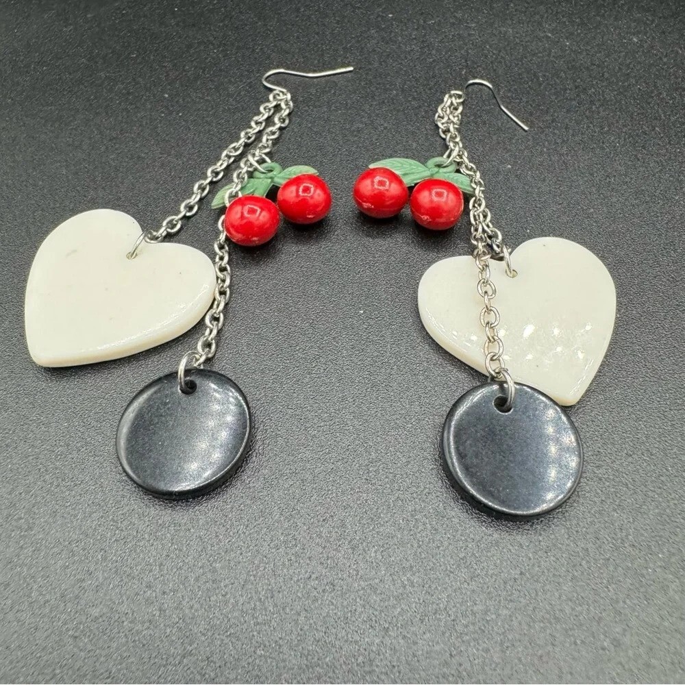 Red Cherry Heart Dangly Earrings 90s Style - Picture 7 of 11